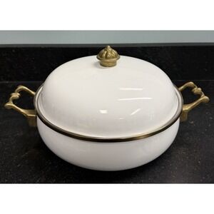 Vintage Bon Chef White Enamel Steamer Pan w Lid Brass Handles Buffet Ware